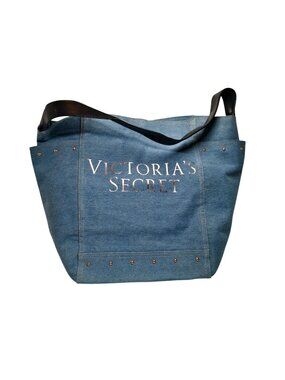 Victorias Secret L Tote Shoulder Bag Blue Denim Silver Logo Gold Studs Preppy
